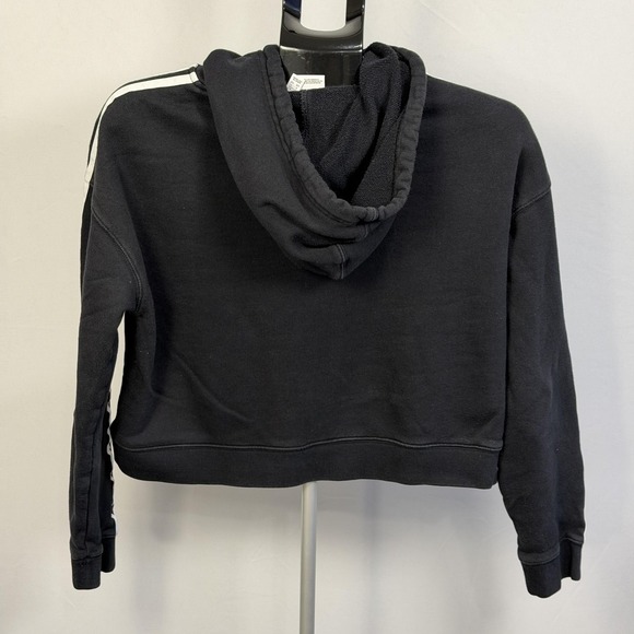 Adidas Originals Hoodie Womens Medium Black Pullover 3 Stripe Trefoil Cropped - Picture 2 of 6